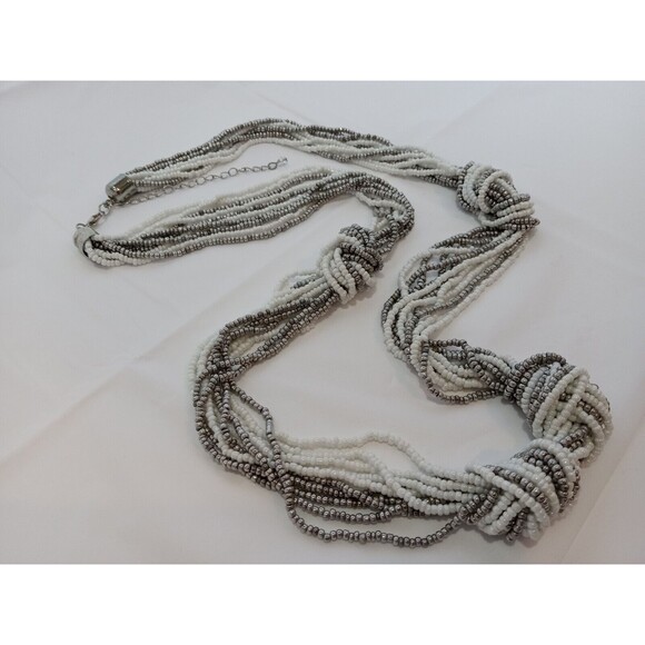 Metallic Multistrand Silver & White Seed Beaded & Knotted Necklace 30"-33" - Picture 2 of 7
